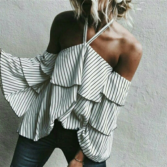 Tops - 💋HALTER COLLAR COLD SHOULDER RUFFLED SLEEVE SHIRT
